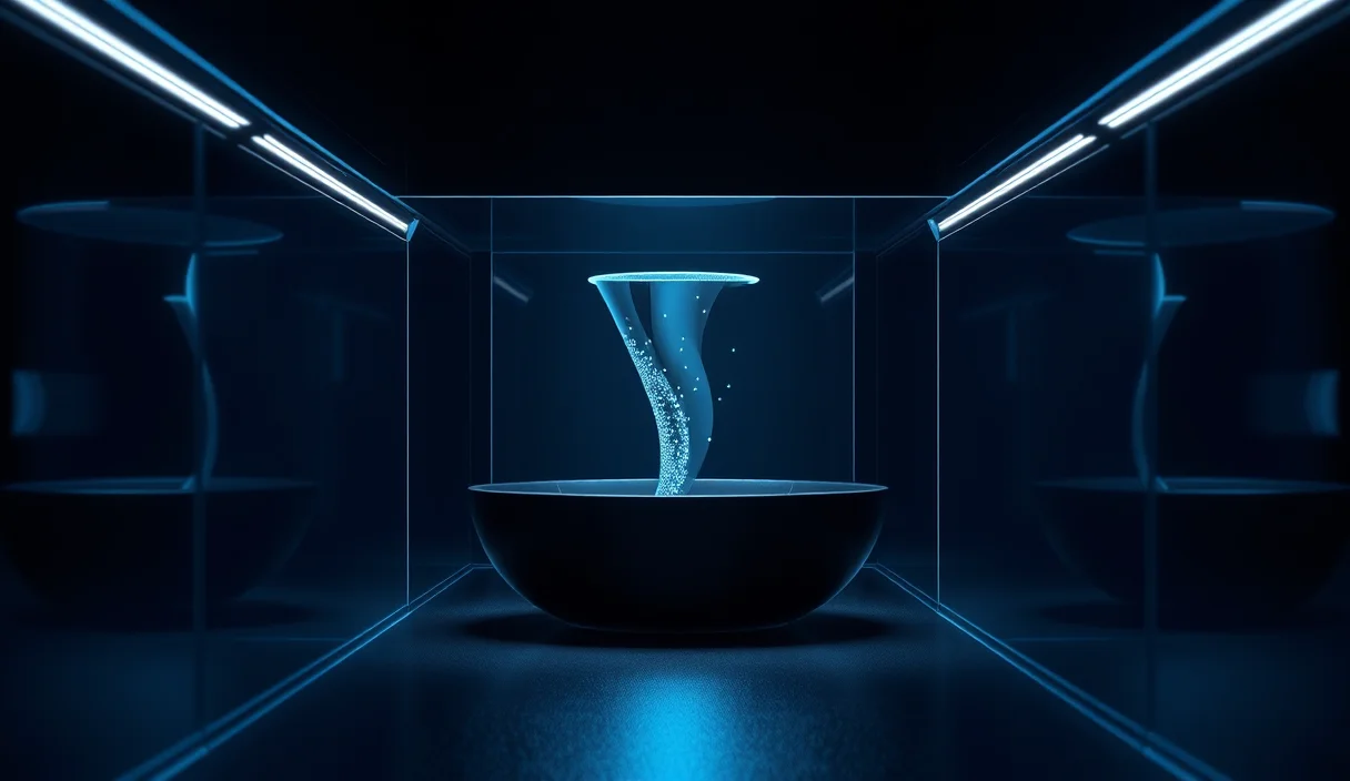 A glass data tunnel with a hidden metal funnel siphoning glowing traffic into a dark basin, symbolizing how free proxies monetize users.
