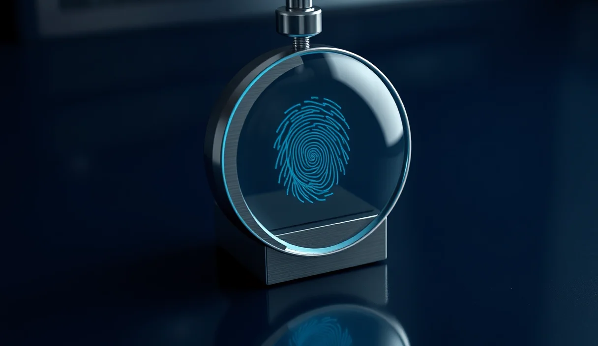 A glass magnifying lens revealing hidden cyan routes and fingerprint patterns on a metal network node, symbolizing careful proxy evaluation.